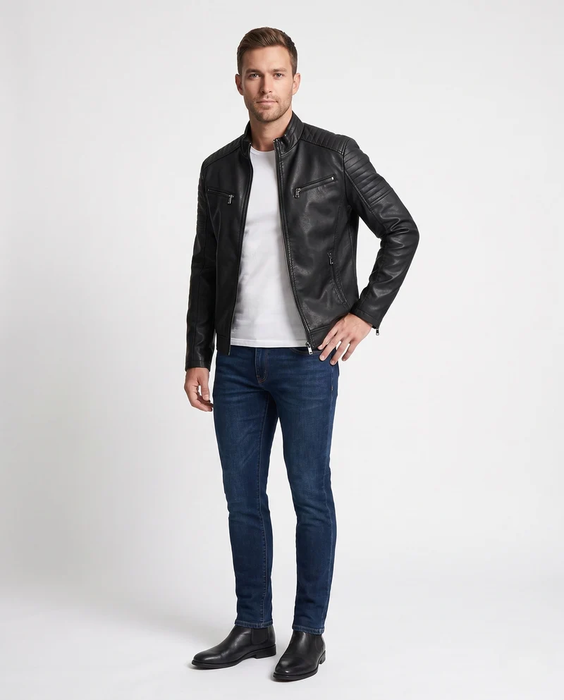 Männer Faux-Leder Bikerjacke mit gesteppten Schultern und Stehkragen Nord Taschen