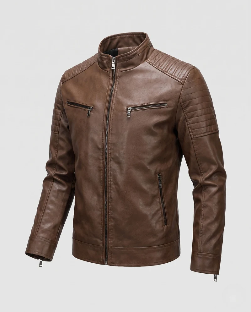 Männer Faux-Leder Bikerjacke mit gesteppten Schultern und Stehkragen Nord Taschen