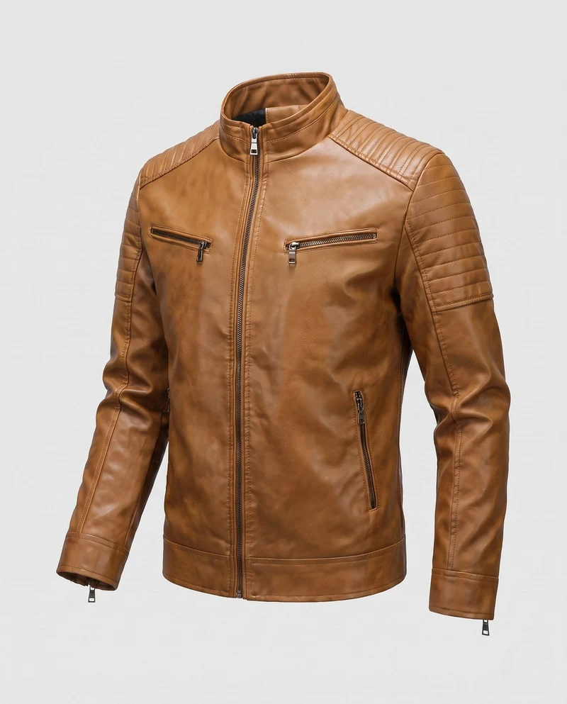 Männer Faux-Leder Bikerjacke mit gesteppten Schultern und Stehkragen Nord Taschen