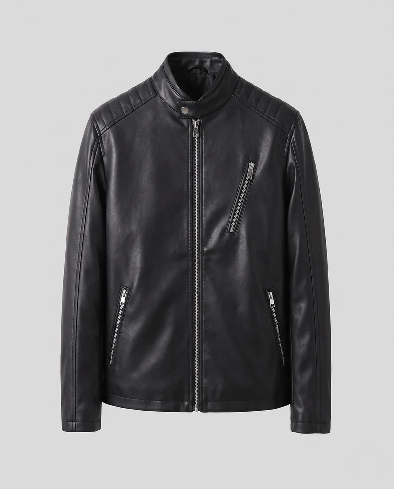 Herren Kunstleder Bikerjacke im Slim Fit mit Stehkragen und Reißverschlusstaschen Nord Taschen