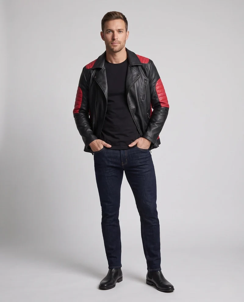Herren Kunstleder Bikerjacke mit gesteppten Kontrastpaneelen und thermischer Fütterung Nord Taschen