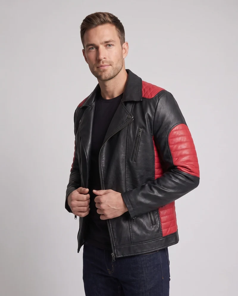 Herren Kunstleder Bikerjacke mit gesteppten Kontrastpaneelen und thermischer Fütterung Nord Taschen