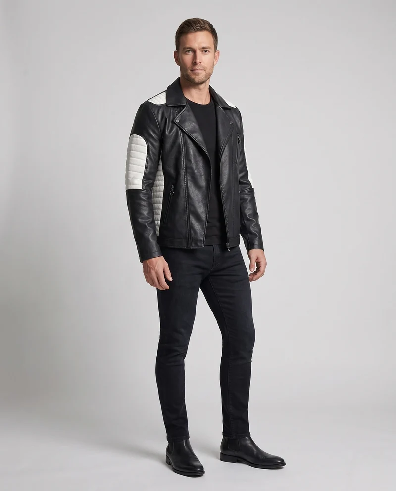 Herren Kunstleder Bikerjacke mit gestepptem Schulter- und Ärmel-Design und thermischer Fütterung Nord Taschen