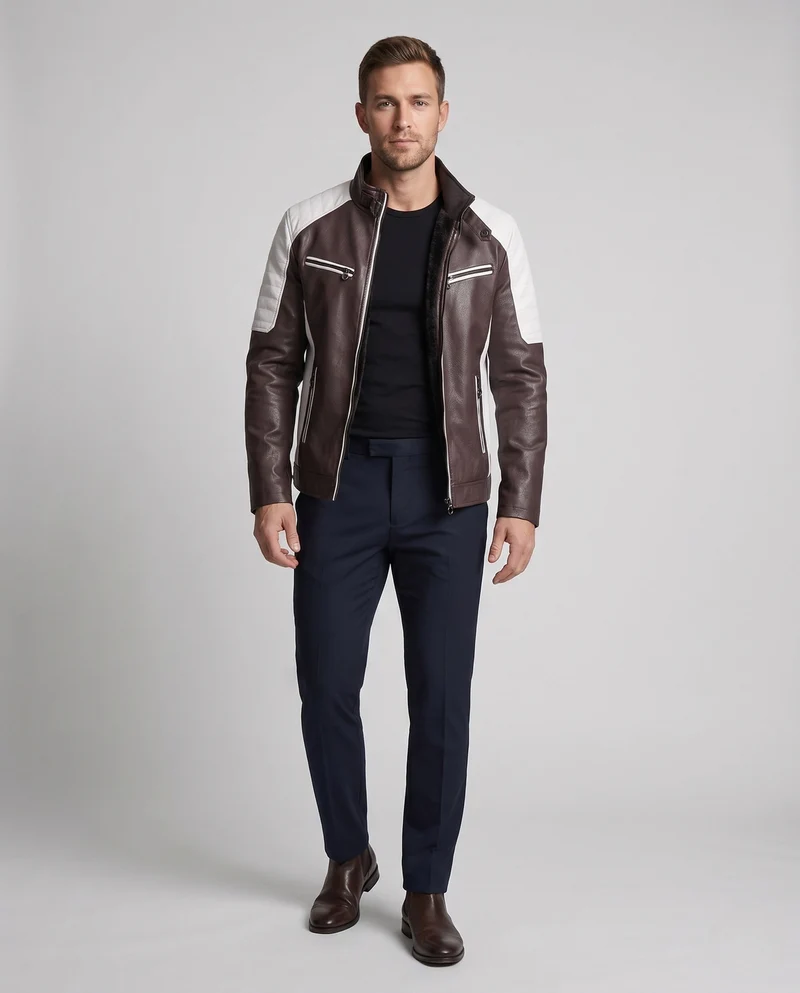 Herren Kunstleder Bikerjacke mit Teddyfutter, Stehkragen und dekorativem Riemen Nord Taschen