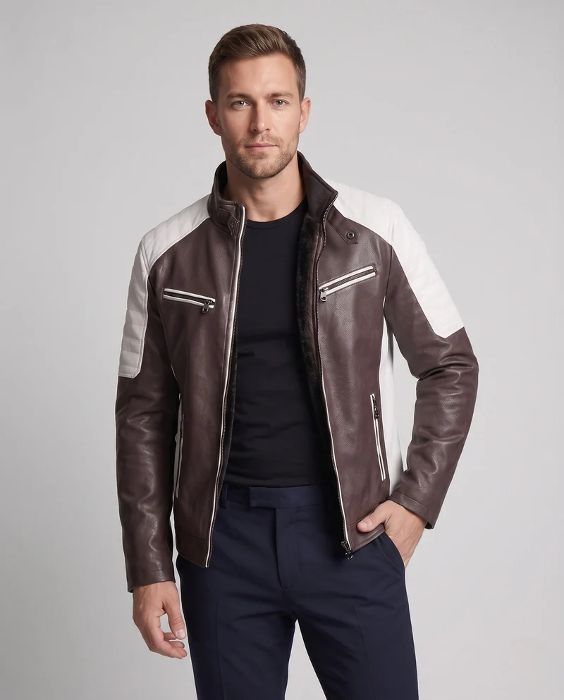 Herren Kunstleder Bikerjacke mit Teddyfutter, Stehkragen und dekorativem Riemen Nord Taschen