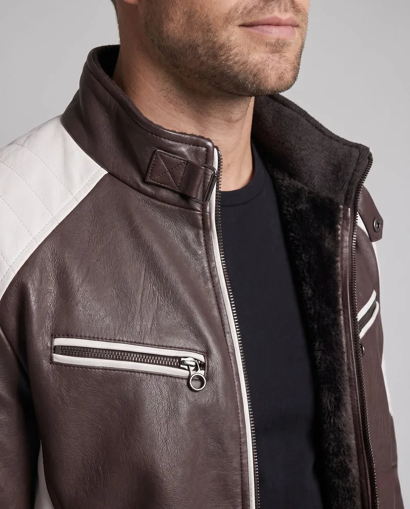 Herren Kunstleder Bikerjacke mit Teddyfutter, Stehkragen und dekorativem Riemen Nord Taschen