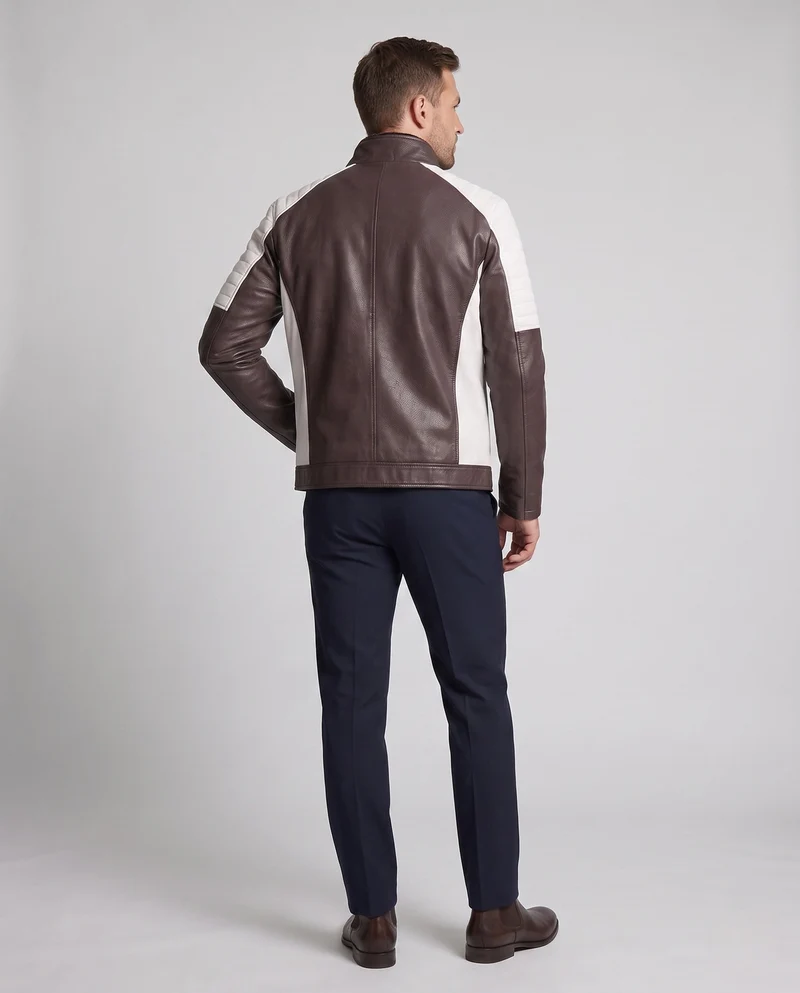 Herren Kunstleder Bikerjacke mit Teddyfutter, Stehkragen und dekorativem Riemen Nord Taschen