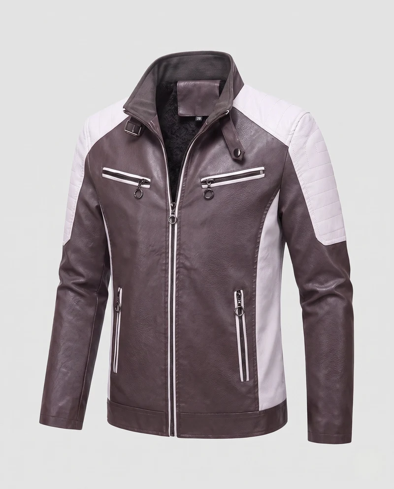 Herren Kunstleder Bikerjacke mit Teddyfutter, Stehkragen und dekorativem Riemen Nord Taschen
