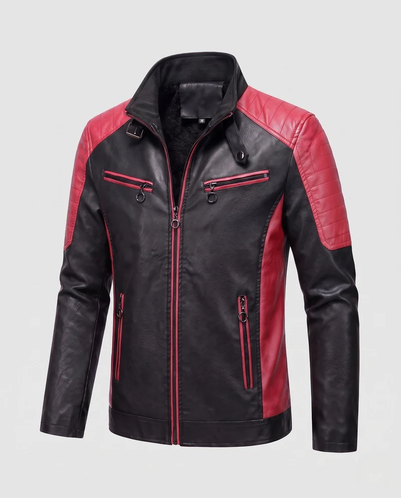 Herren Kunstleder Bikerjacke mit Teddyfutter, Stehkragen und dekorativem Riemen Nord Taschen