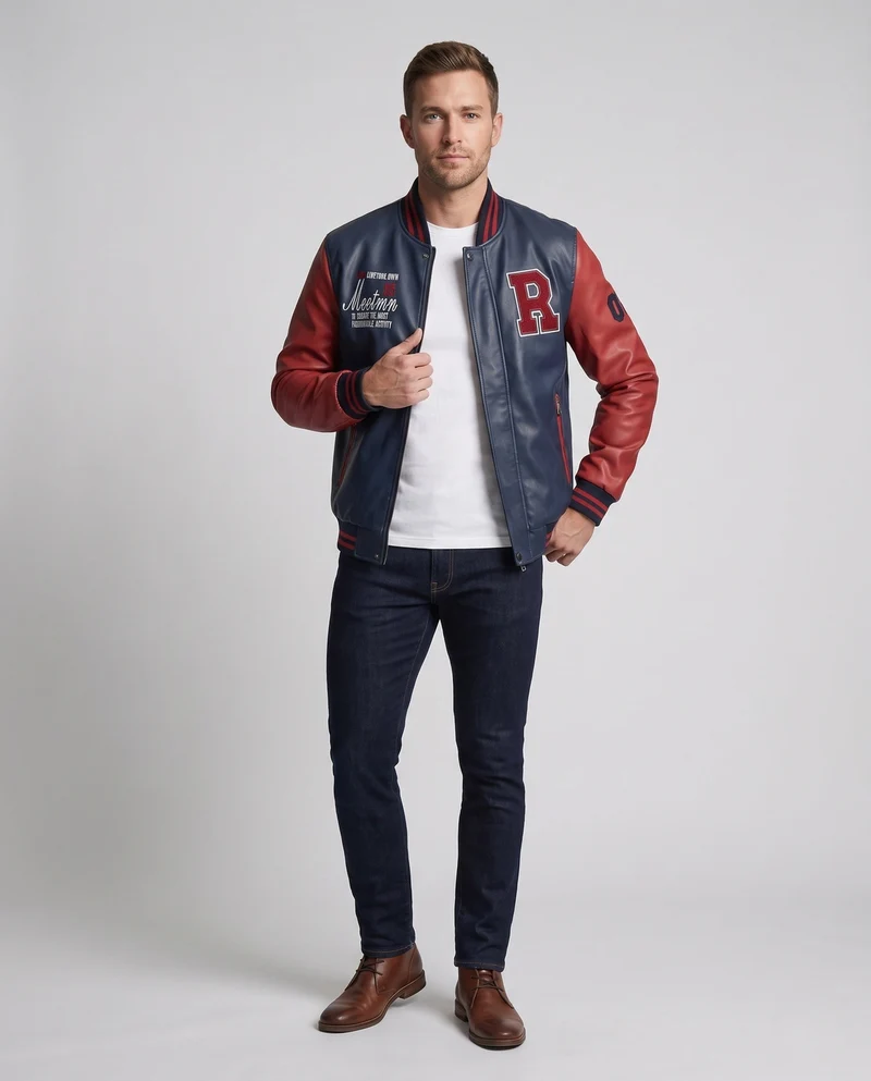 Herren Kunstleder College Bomberjacke mit gesticktem Patch und gerippten Bündchen Nord Taschen