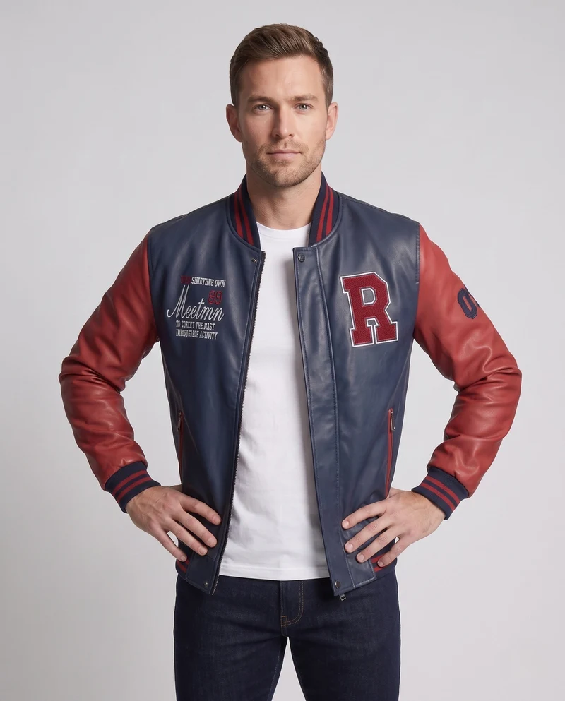 Herren Kunstleder College Bomberjacke mit gesticktem Patch und gerippten Bündchen Nord Taschen