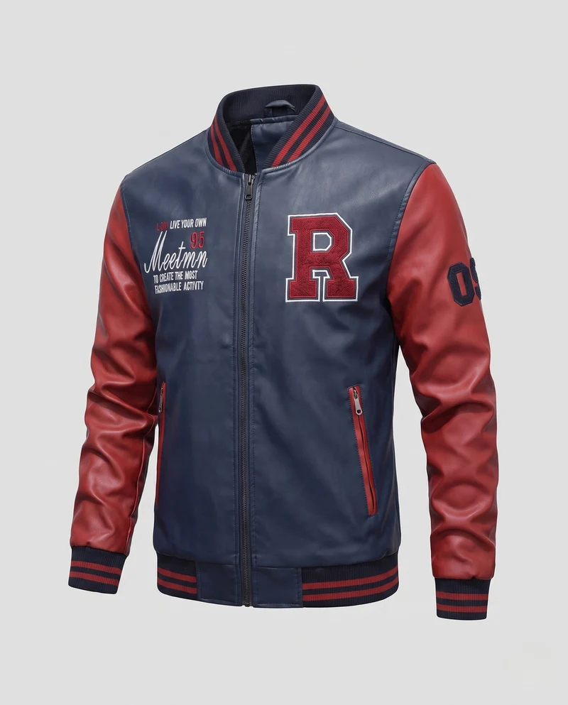 Herren Kunstleder College Bomberjacke mit gesticktem Patch und gerippten Bündchen Nord Taschen