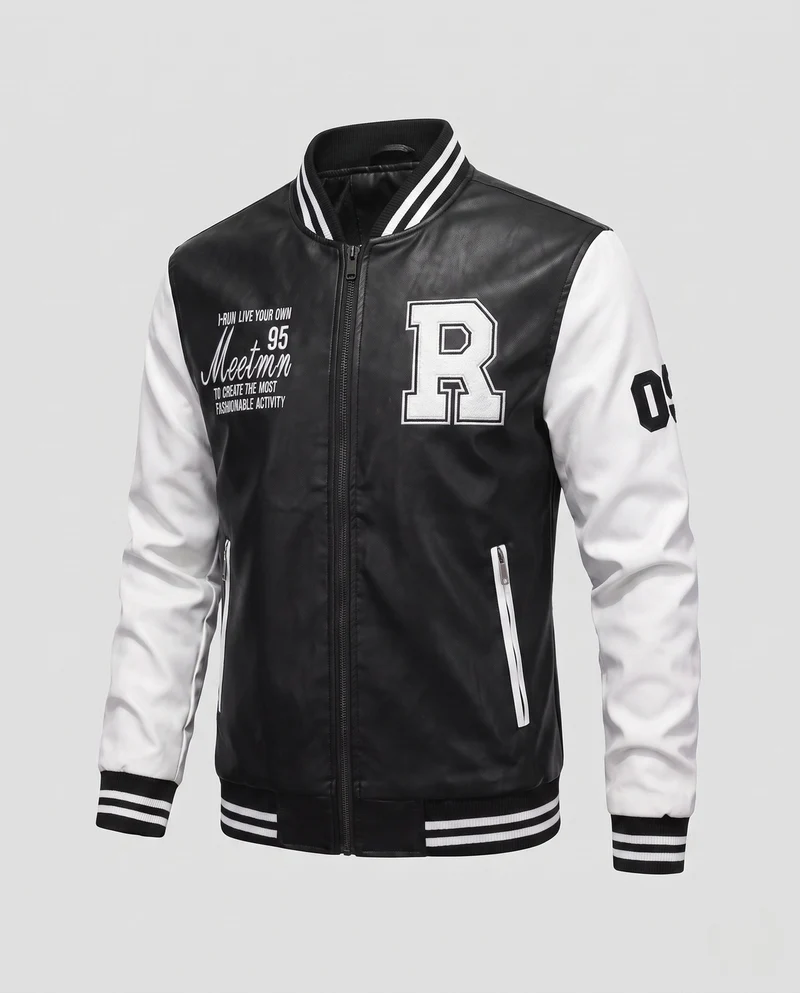 Herren Kunstleder College Bomberjacke mit gesticktem Patch und gerippten Bündchen Nord Taschen