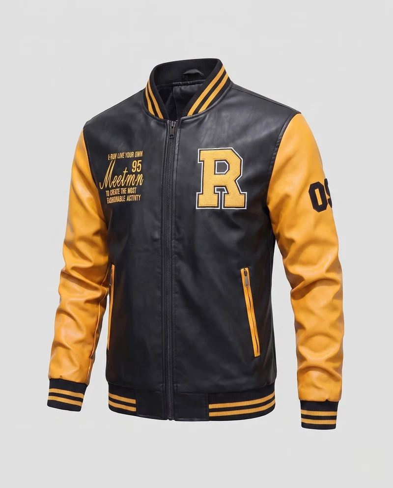 Herren Kunstleder College Bomberjacke mit gesticktem Patch und gerippten Bündchen Nord Taschen