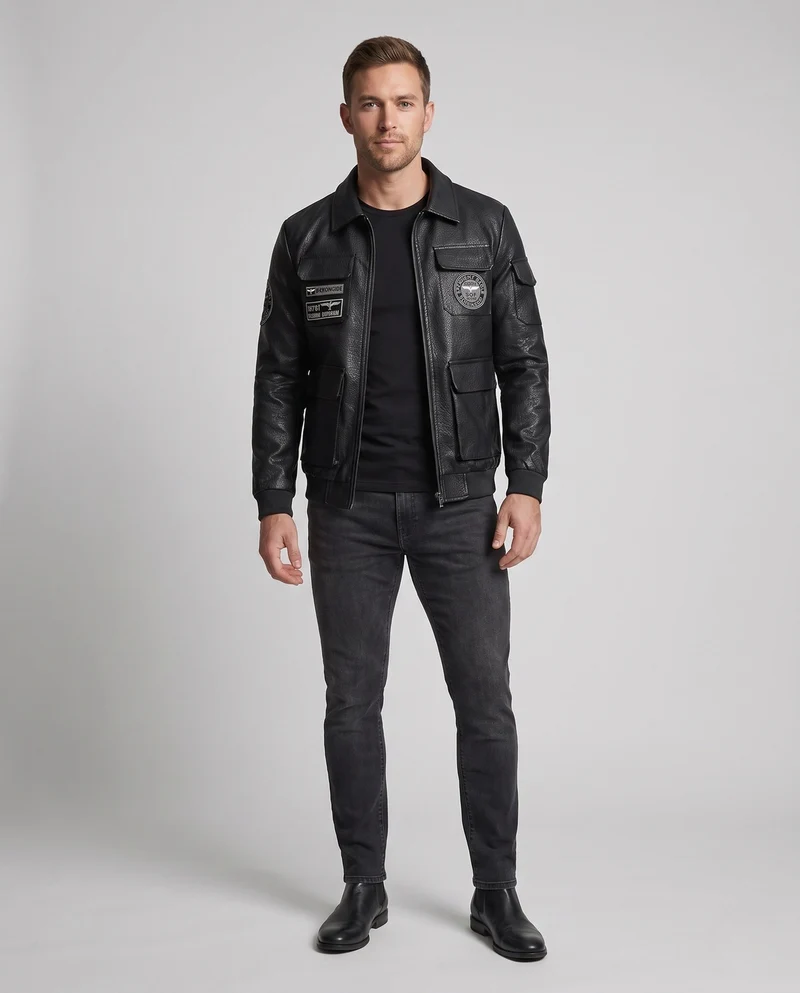 Herren Faux-Leder Field-Jacke im Pilotenstil mit Utility-Taschen und Patch-Details Nord Taschen