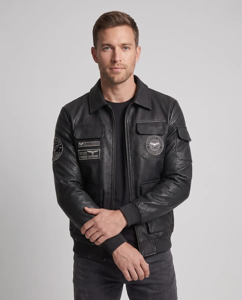Herren Faux-Leder Field-Jacke im Pilotenstil mit Utility-Taschen und Patch-Details Nord Taschen