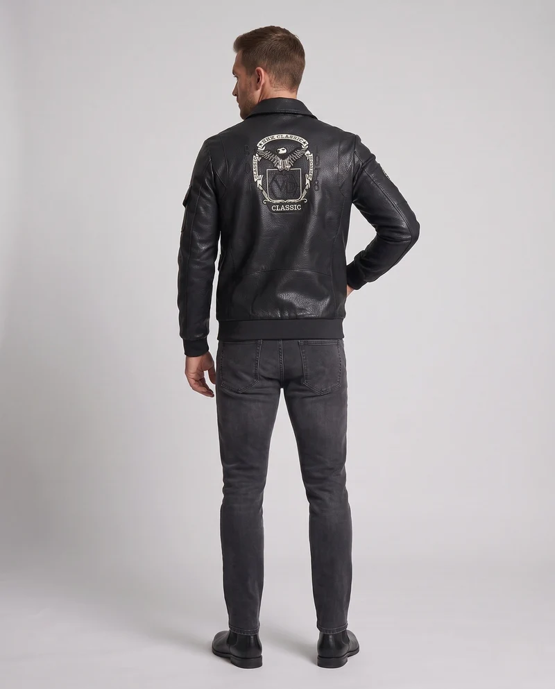 Herren Faux-Leder Field-Jacke im Pilotenstil mit Utility-Taschen und Patch-Details Nord Taschen