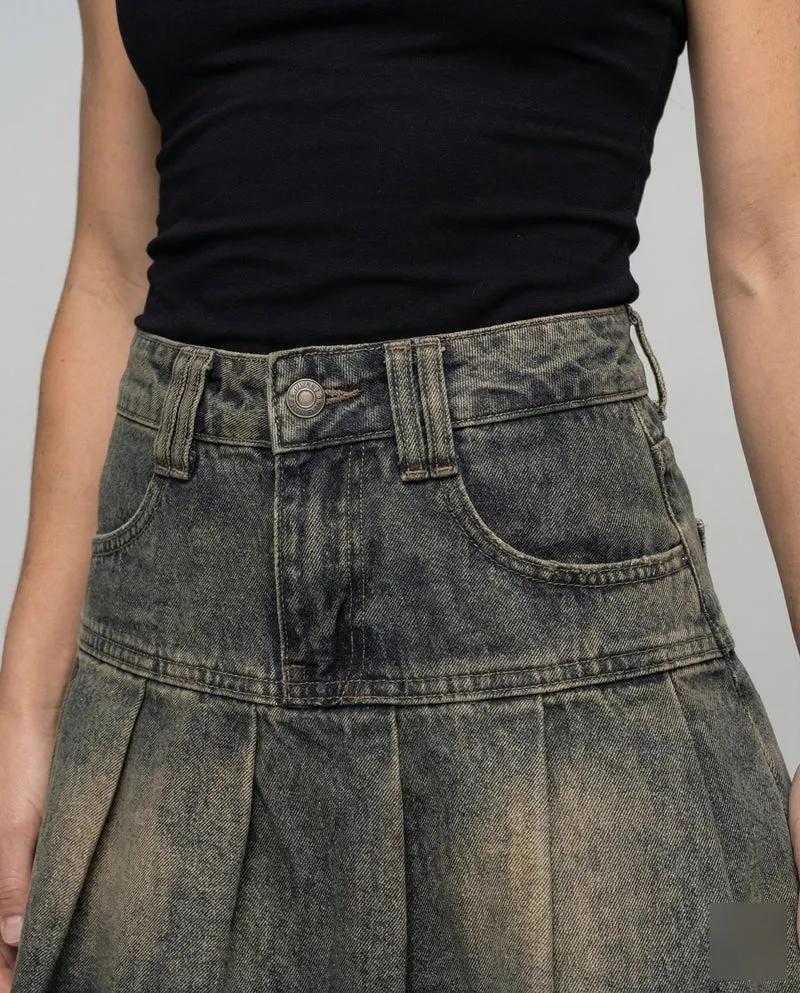 Damen Denim Minirock Plissee Fransen