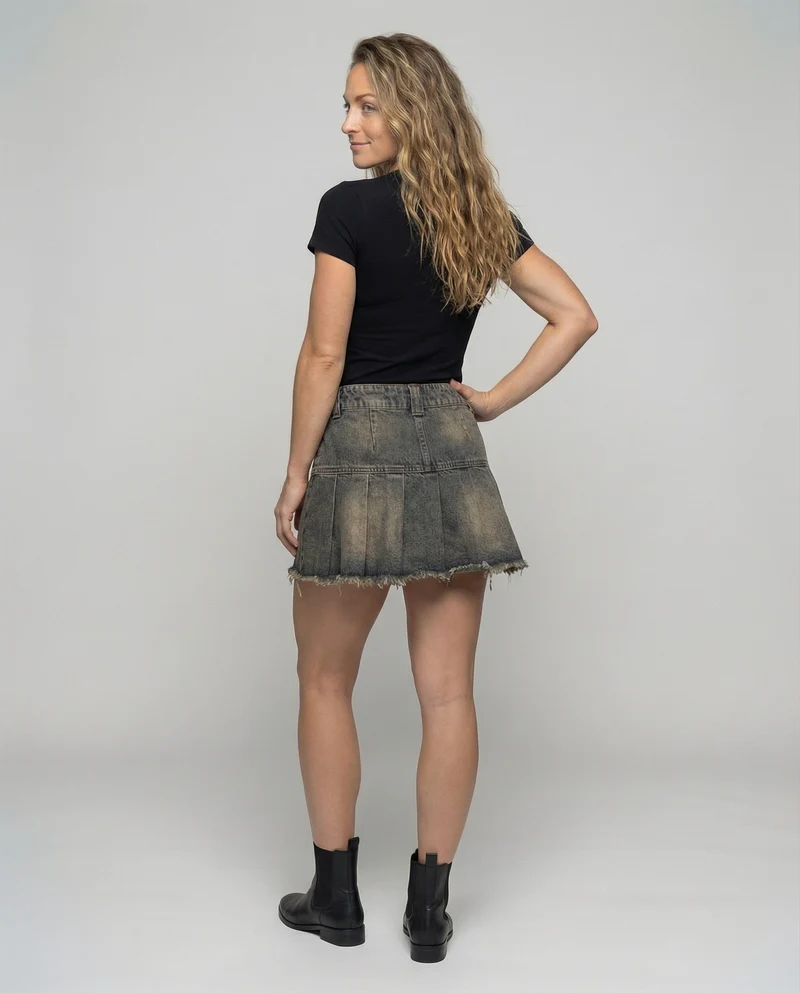 Damen Denim Minirock Plissee Fransen