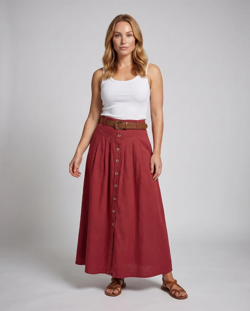 Damen Leinenmaxi-Rock High-Waist Knopfleiste Eingrifftaschen
