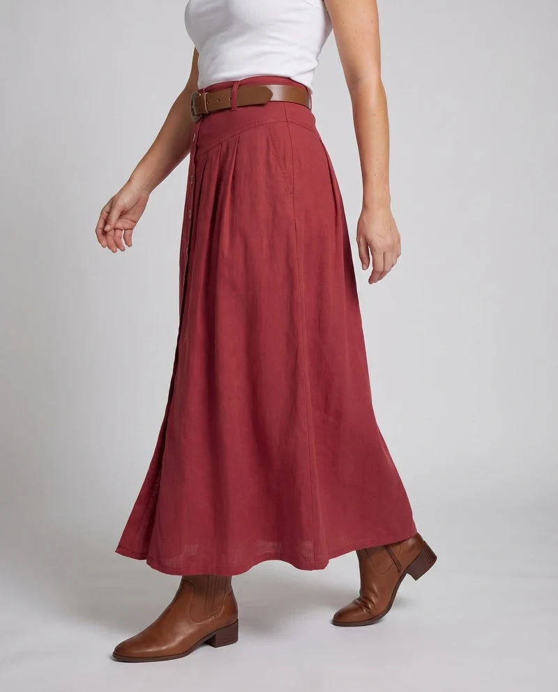 Damen Leinenmaxi-Rock High-Waist Knopfleiste Eingrifftaschen
