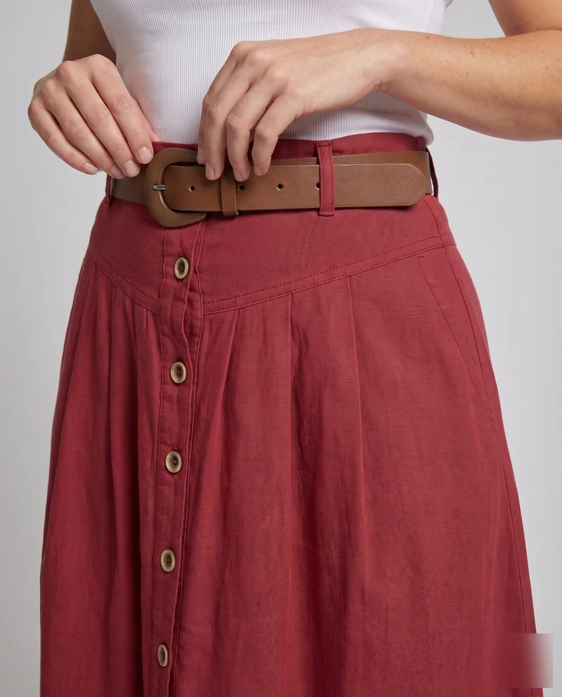 Damen Leinenmaxi-Rock High-Waist Knopfleiste Eingrifftaschen
