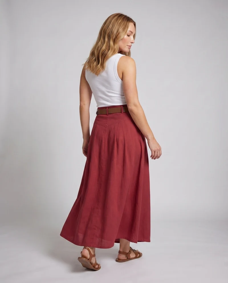Damen Leinenmaxi-Rock High-Waist Knopfleiste Eingrifftaschen