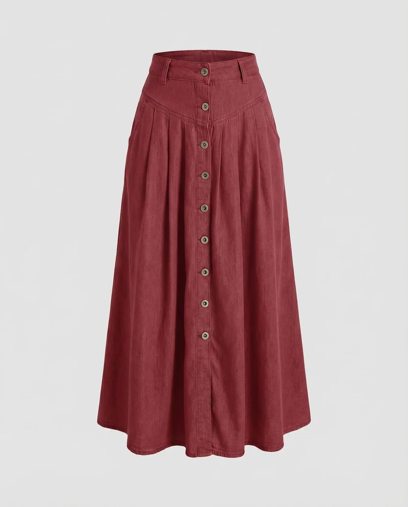 Damen Leinenmaxi-Rock High-Waist Knopfleiste Eingrifftaschen