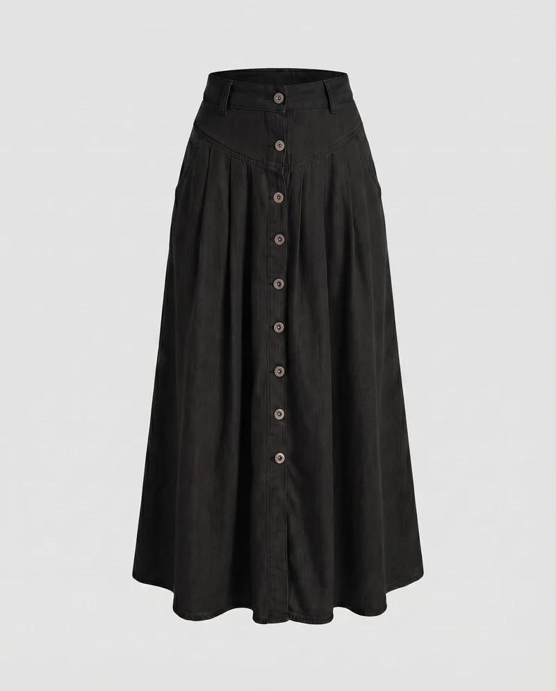 Damen Leinenmaxi-Rock High-Waist Knopfleiste Eingrifftaschen