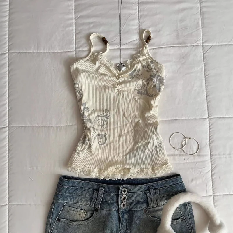 Damen Verspieltes Spaghetti-Träger Top mit Spitzendetails Nord Taschen