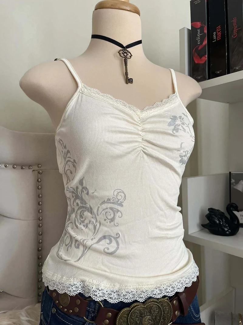 Damen Verspieltes Spaghetti-Träger Top mit Spitzendetails Nord Taschen