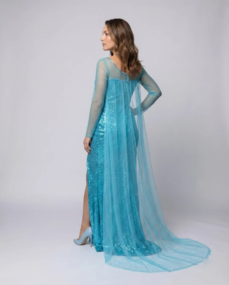 Damen Abendkleid Glitzer Tüll-Cape Beinschlitz