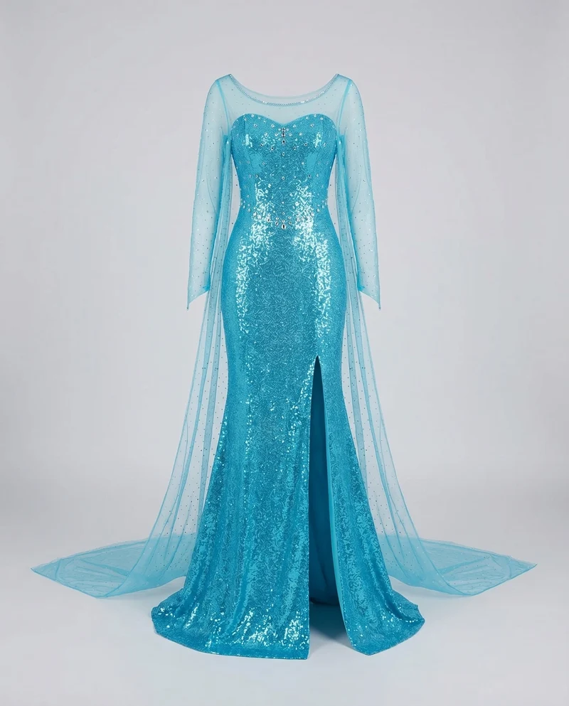 Damen Abendkleid Glitzer Tüll-Cape Beinschlitz
