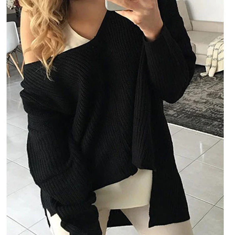 Damen lässiger Oversized Pullover mit asymmetrischem Schnitt und tiefem Rundhalsausschnitt