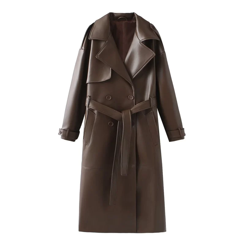 Damen Kunstleder-Trenchcoat mit modischem Schnitt und praktischen Taschen