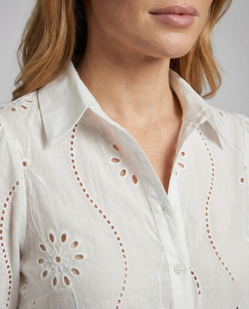 Damen Broderie-Anglaise-Hemdbluse Puffärmel