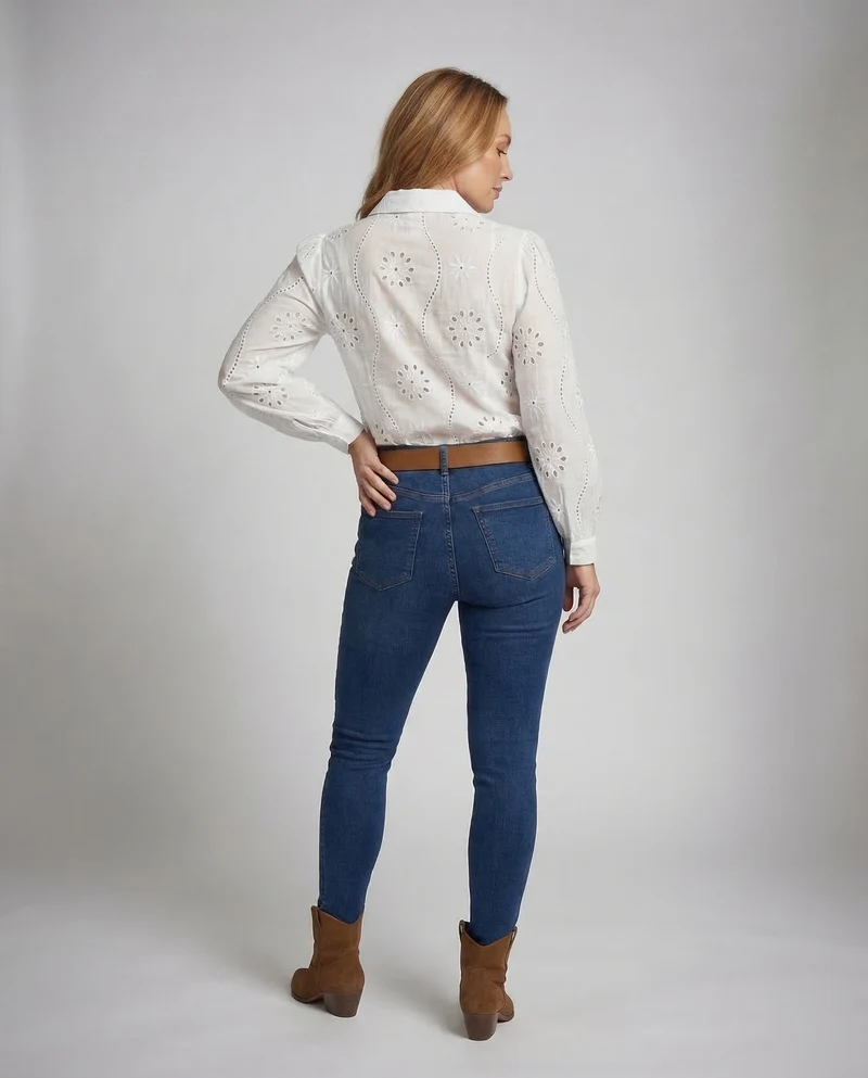 Damen Broderie-Anglaise-Hemdbluse Puffärmel