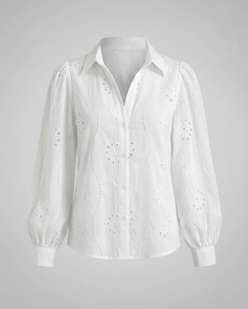 Damen Broderie-Anglaise-Hemdbluse Puffärmel