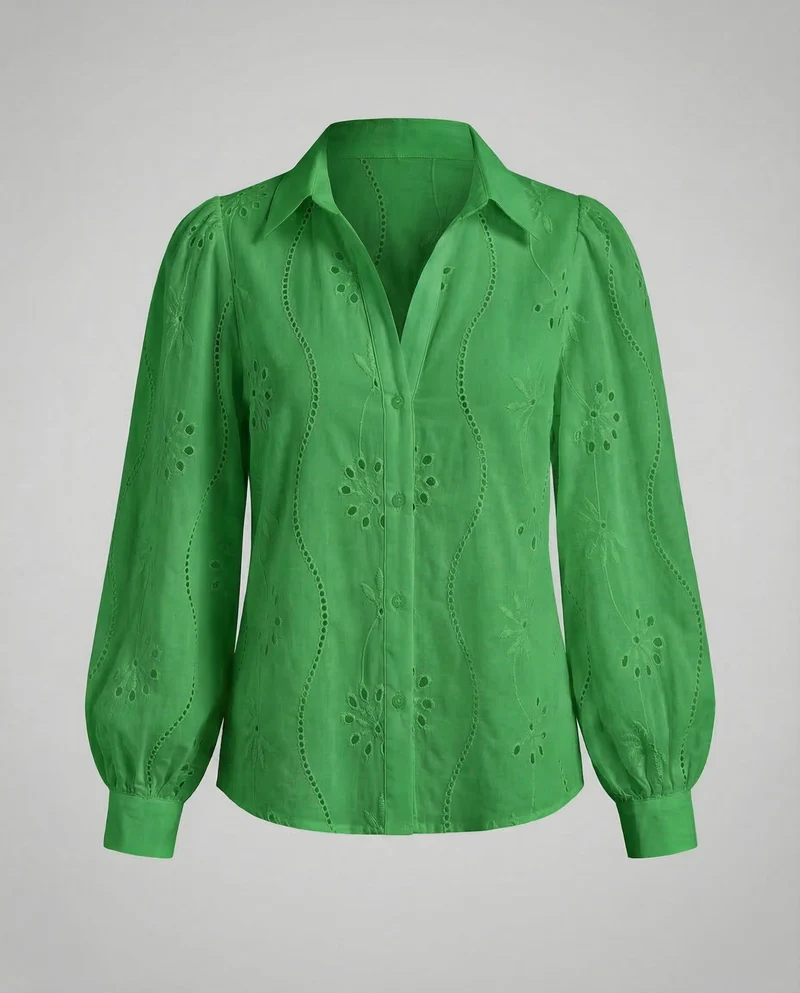 Damen Broderie-Anglaise-Hemdbluse Puffärmel