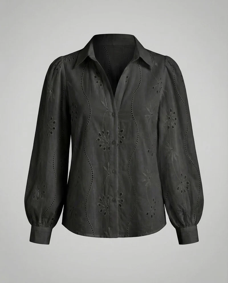Damen Broderie-Anglaise-Hemdbluse Puffärmel