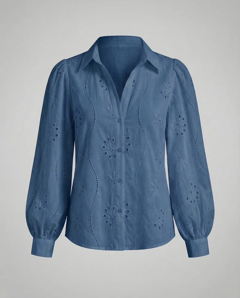 Damen Broderie-Anglaise-Hemdbluse Puffärmel