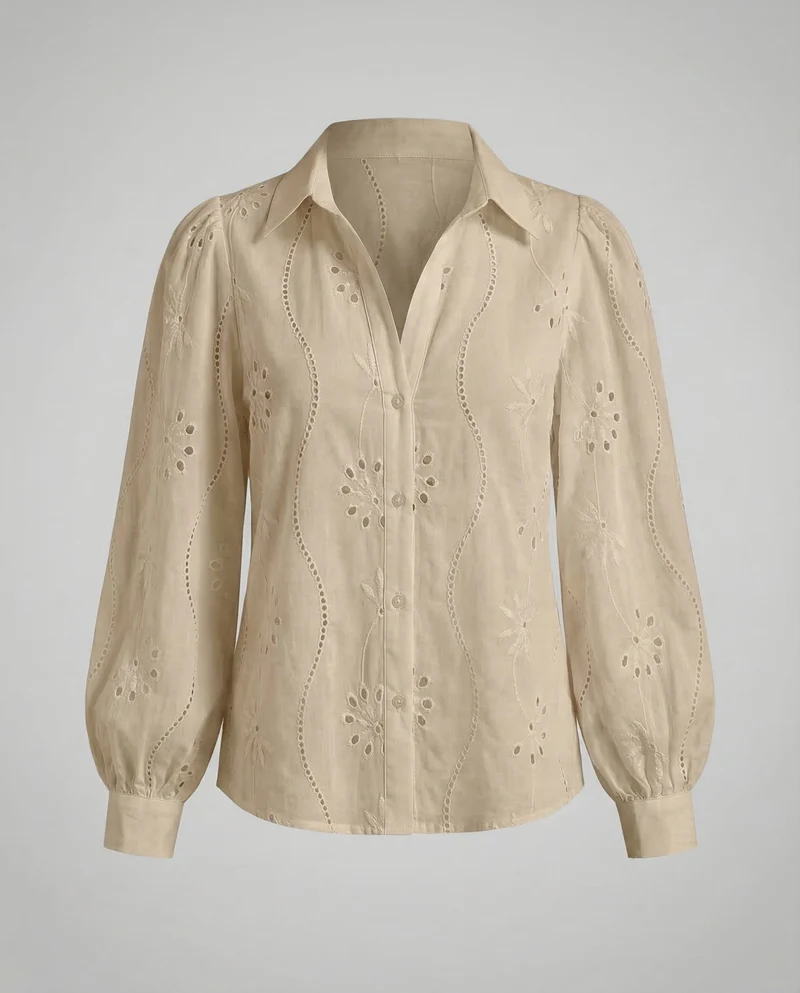 Damen Broderie-Anglaise-Hemdbluse Puffärmel
