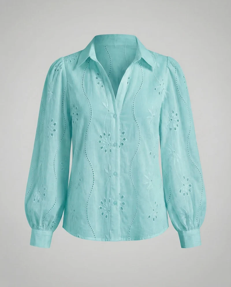 Damen Broderie-Anglaise-Hemdbluse Puffärmel