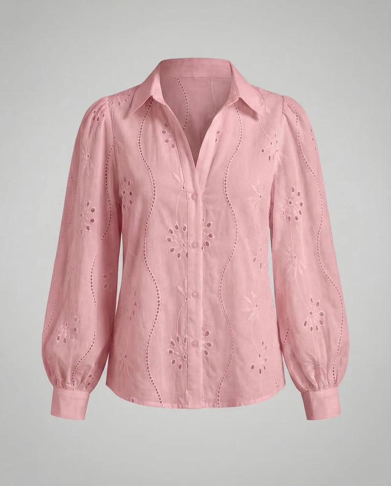 Damen Broderie-Anglaise-Hemdbluse Puffärmel