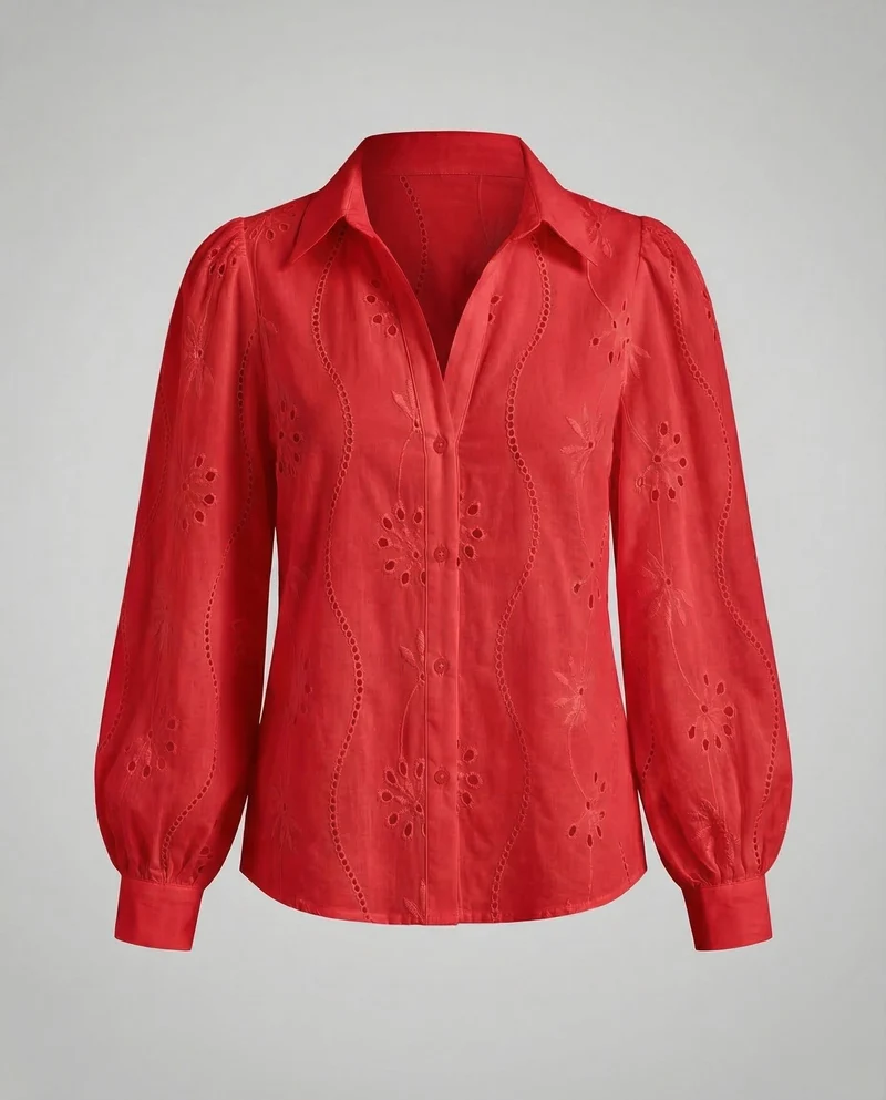 Damen Broderie-Anglaise-Hemdbluse Puffärmel