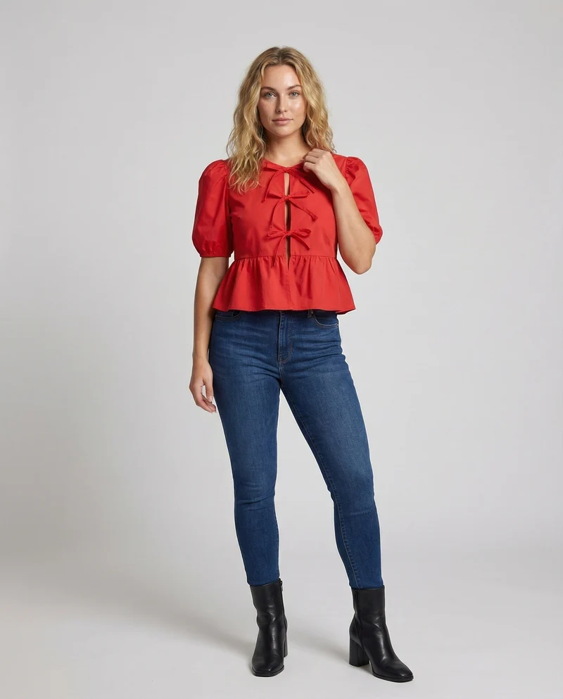 Damen Puffärmel Kurzbluse mit Schleifen
