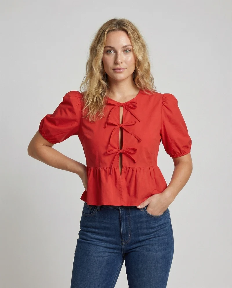 Damen Puffärmel Kurzbluse mit Schleifen