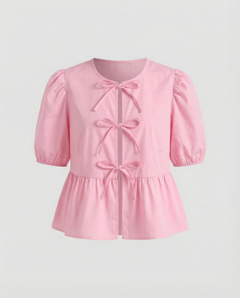 Damen Puffärmel Kurzbluse mit Schleifen