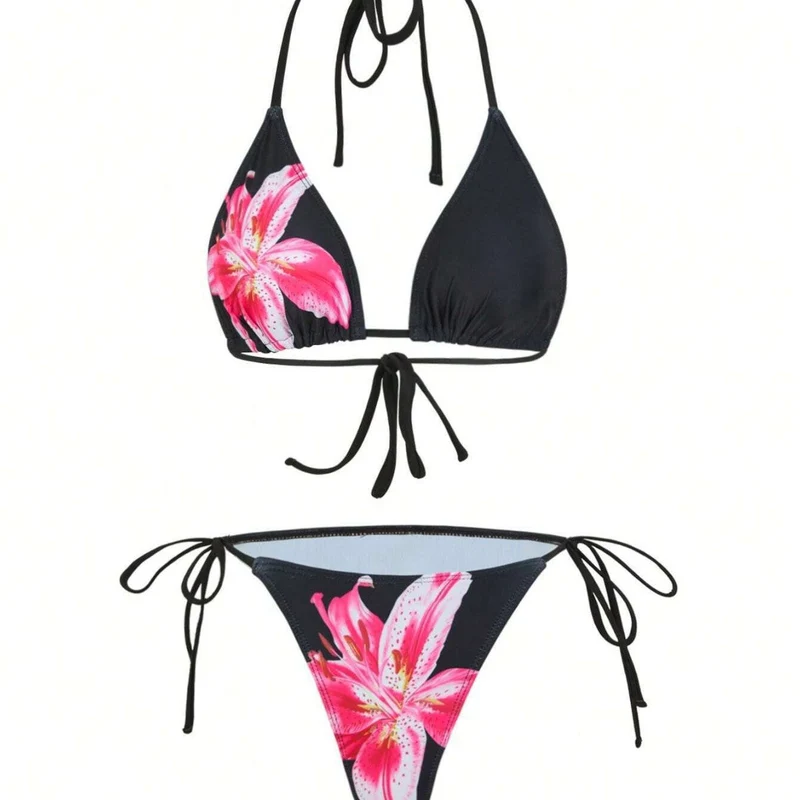 Damen Triangel-Bikini-Set mit floralen Mustern und transparentem Maxirock