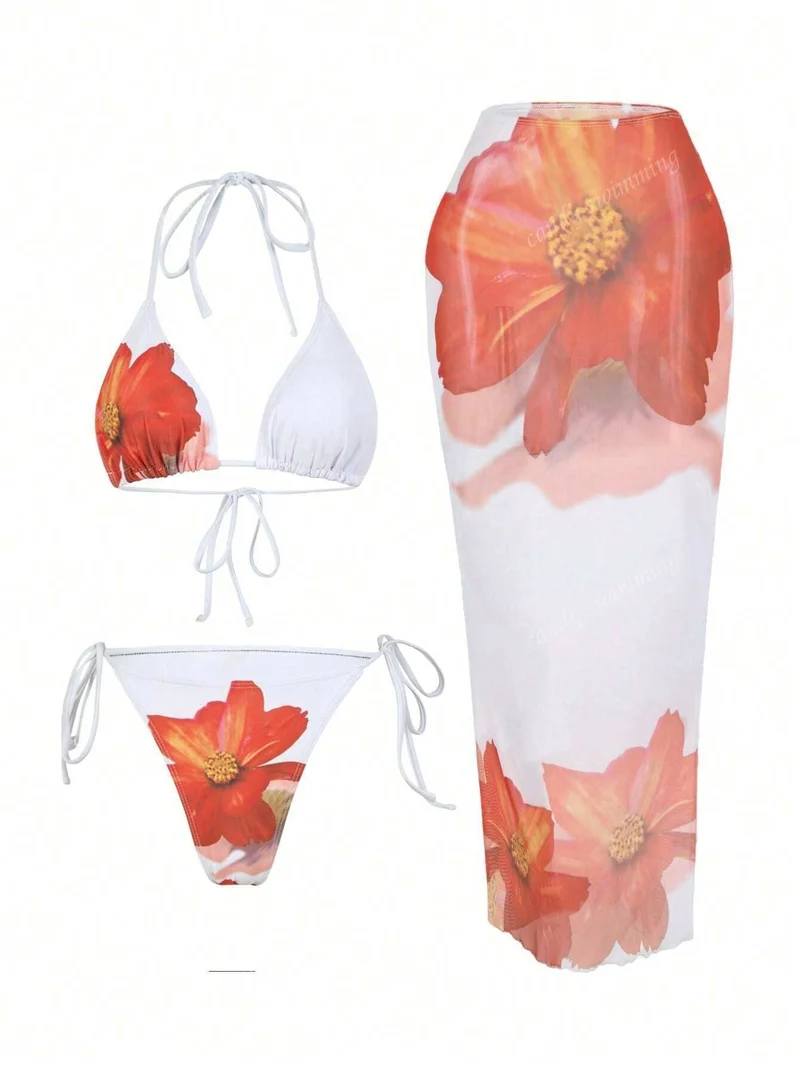 Damen Triangel-Bikini-Set mit floralen Mustern und transparentem Maxirock